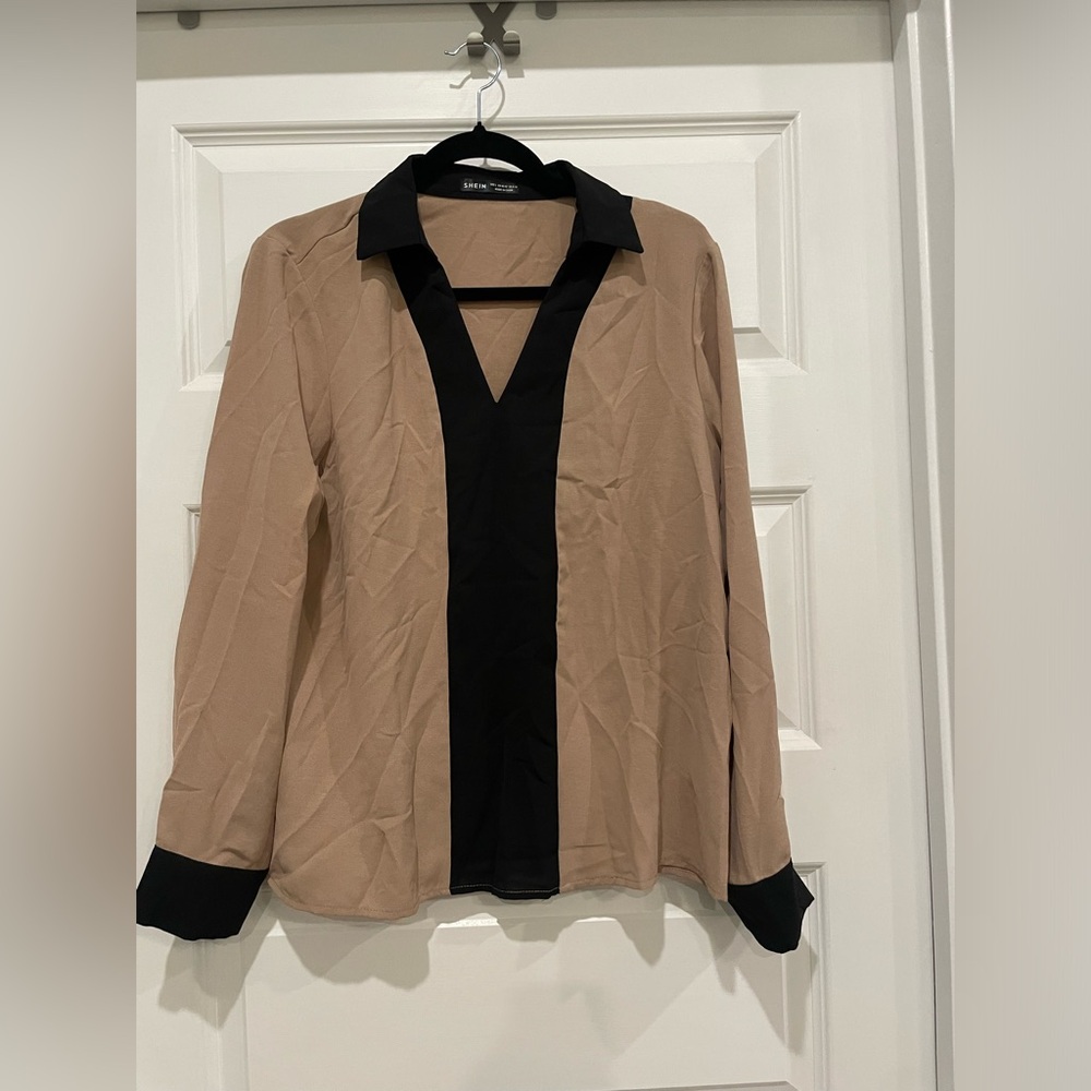 SHEIN- Tan & Black Collared Shirt- Size Large